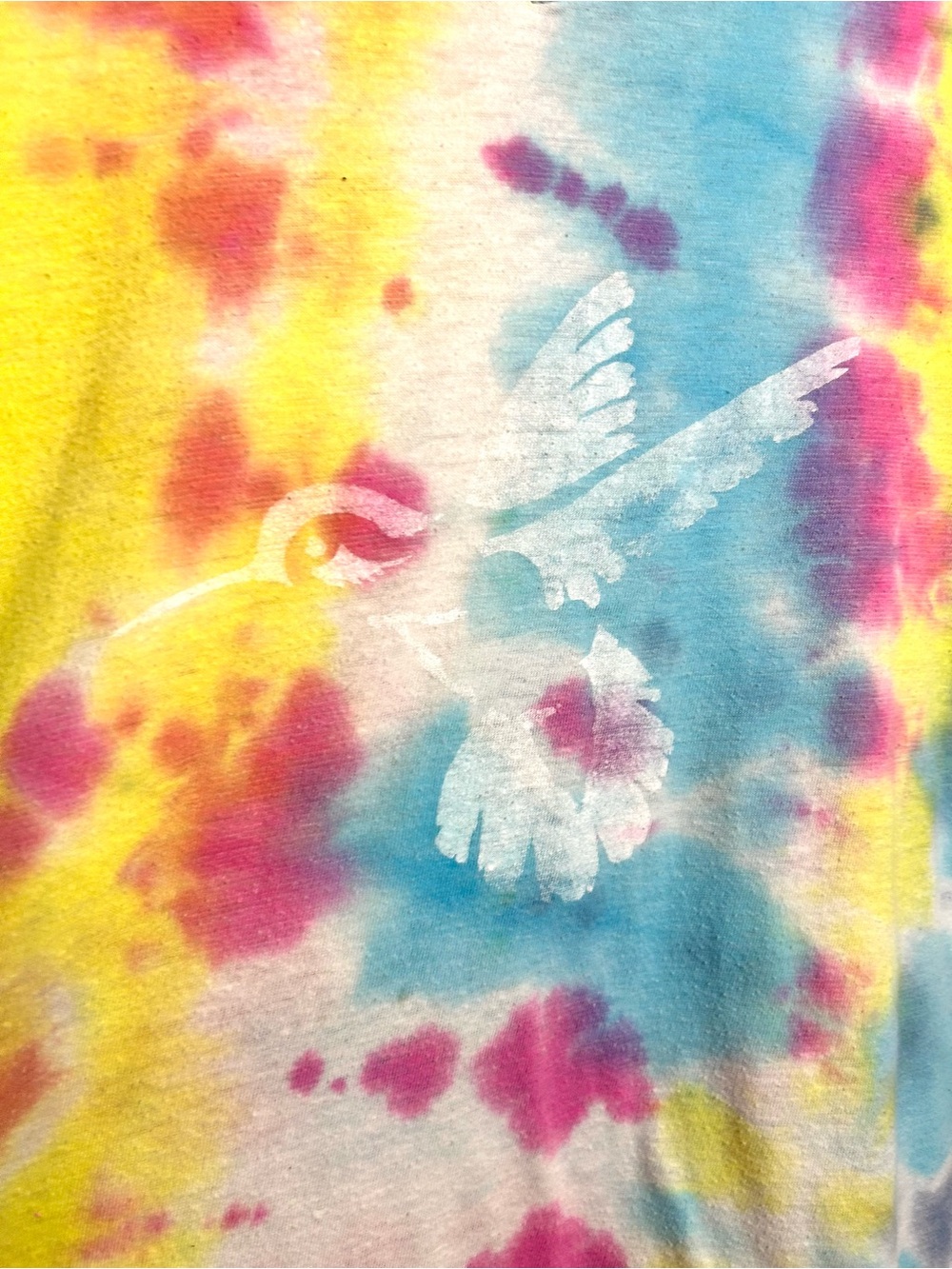 Upcycled Artisan Tie-Dye Tee V-Neck White Hummingbird on Rainbow Colors OOAK XL